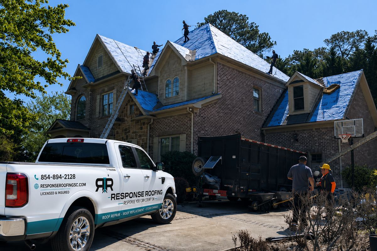 Response Roofing truck and crew on site during a roof replacement, with underlayment down.