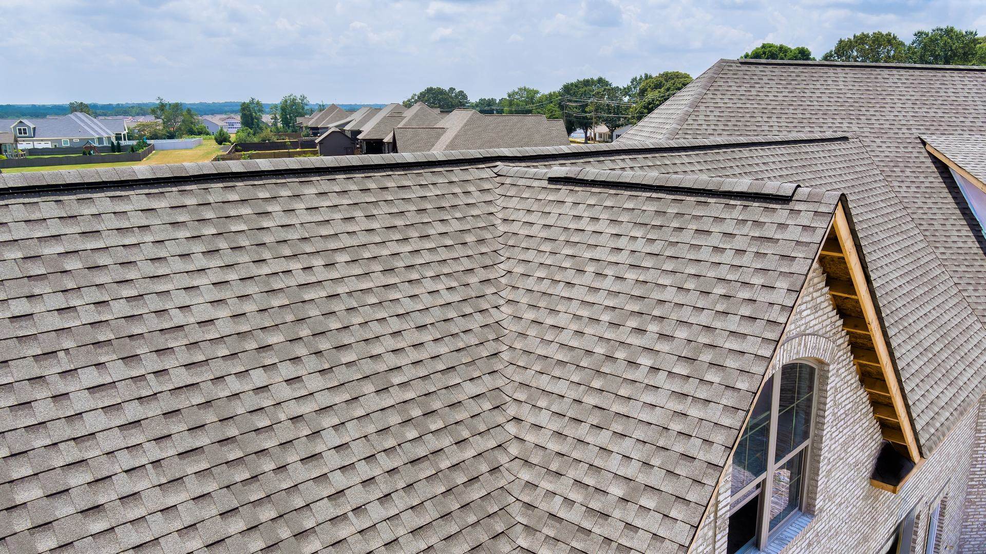 A finished architectural shingle roof on a coastal South Carolina home, water beyond it.