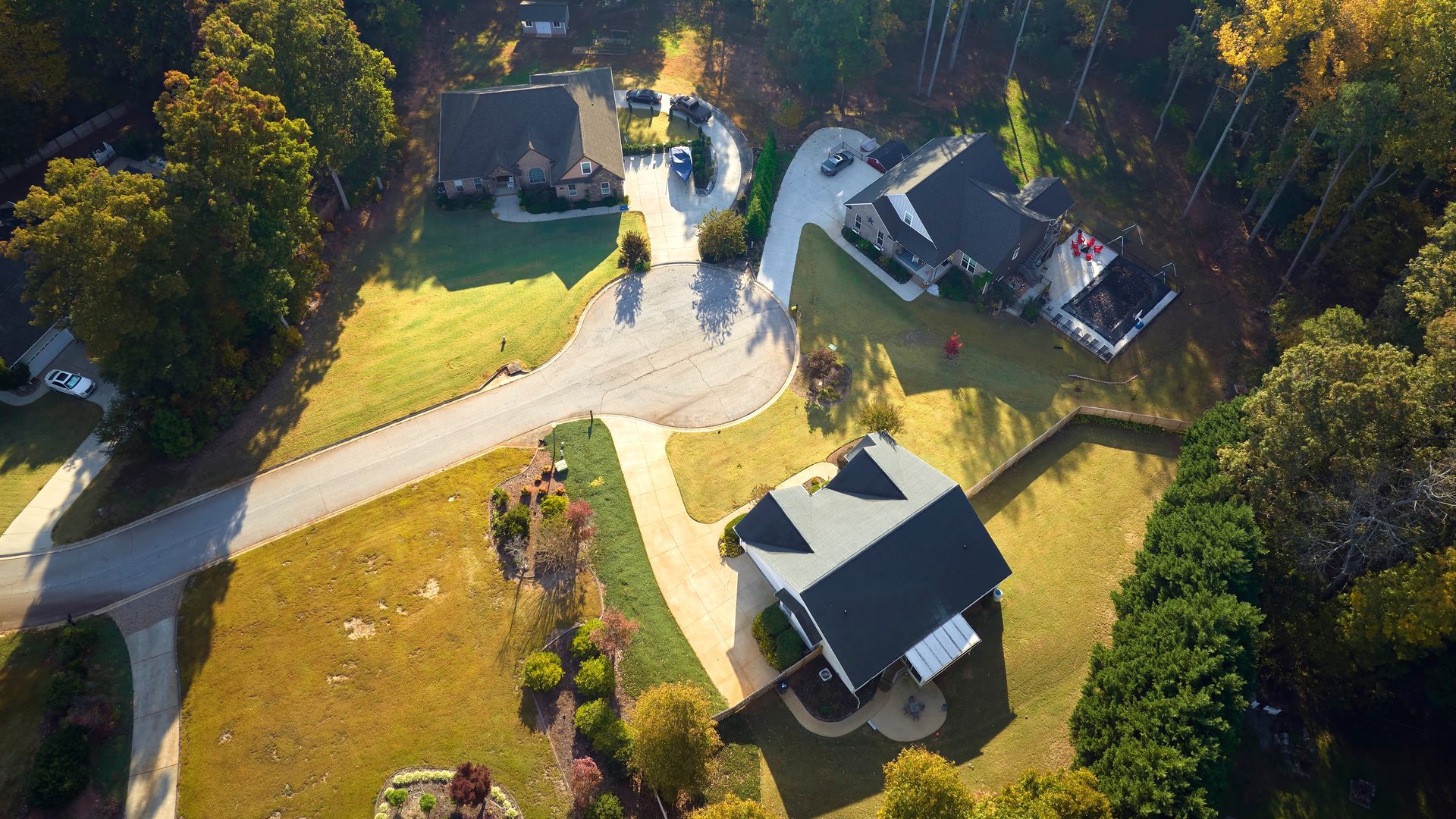 Aerial view of South Carolina homes among trees, driveways curving between them.